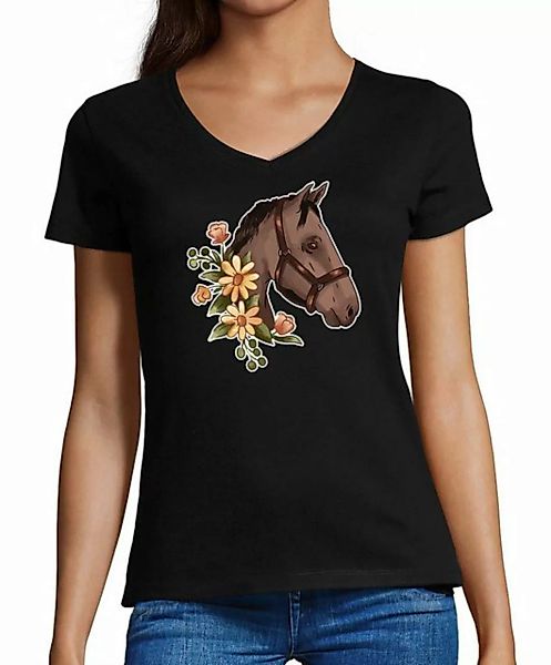 MyDesign24 T-Shirt Damen Pferde Print Shirt - Dunkelbraunes Pferd mit Blume günstig online kaufen