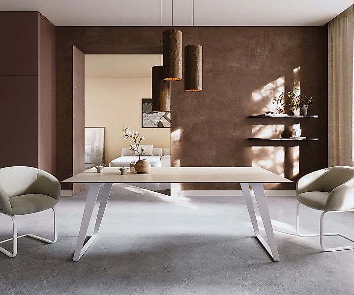Esstisch Edge 200x100 Keramik Laminam® Travertino Bianco Creme-Weiß Metall günstig online kaufen