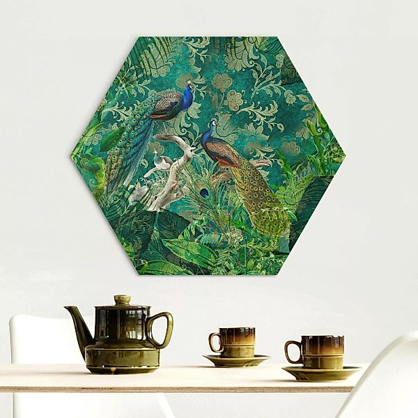 Hexagon-Alu-Dibond Bild Shabby Chic Collage - Edler Pfau II günstig online kaufen
