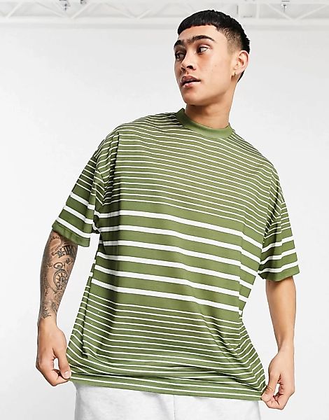 ASOS DESIGN – Horizontal gestreiftes Oversize-T-Shirt in Khaki-Grün günstig online kaufen