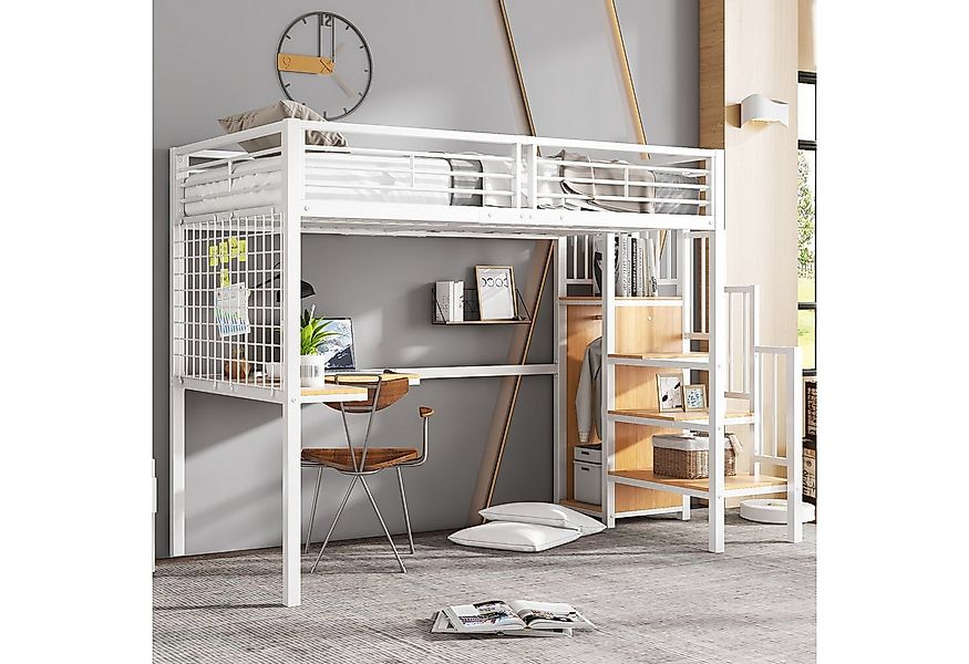 Flieks Hochbett Kinderbett Metallbett 90x200cm mit Seitenleiter Tisch Kleid günstig online kaufen