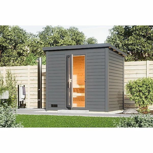 Karibu Saunahaus Arvi 3 Set mit Ofen 9 kW Integrierte Steuerung Terragrau günstig online kaufen