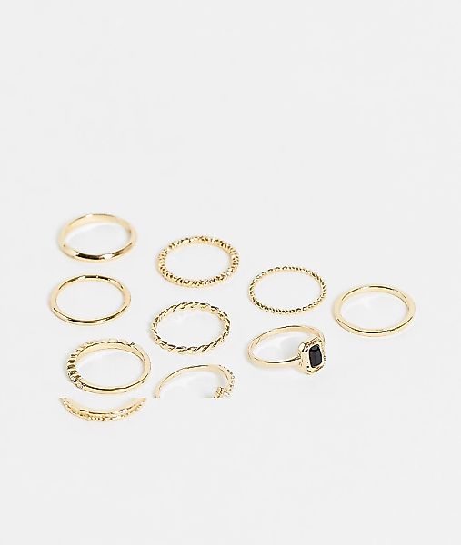 Topshop – 9er-Pack Ringe in Gold mit Zierstein in Schwarz und Perlen-Goldfa günstig online kaufen