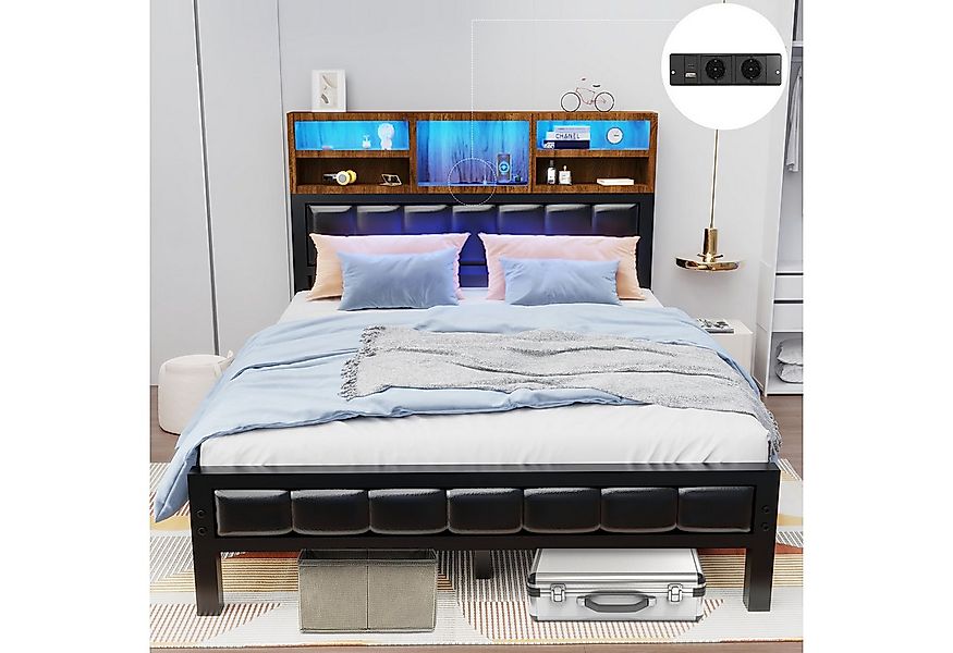 oyajia Polsterbett Doppelbett mit LED Licht 140x200cm,Stauraumkopfteil (Mit günstig online kaufen