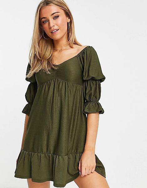 Miss Selfridge – Minikleid in Khaki mit elastischen Raffungen an den Ärmeln günstig online kaufen