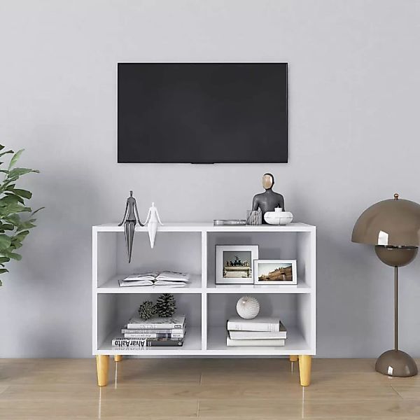 Tv-schrank Mit Massivholz-beinen Hochglanz-weiß 69,5x30x50 Cm günstig online kaufen
