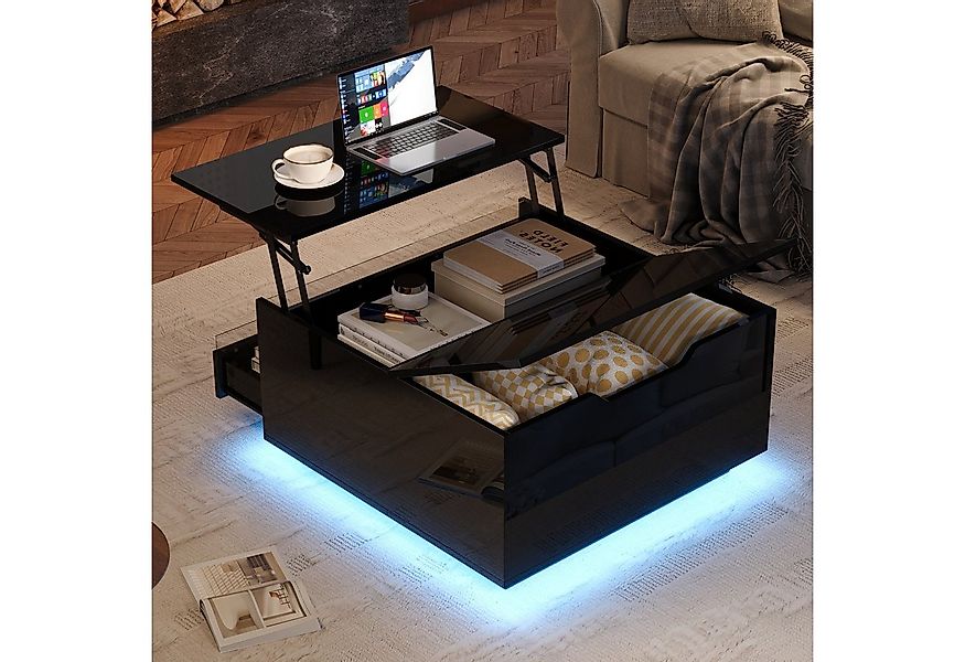 Merax Couchtisch Hochglanz Sofatisch mit Hebefunktion und LED-Acryllicht (A günstig online kaufen