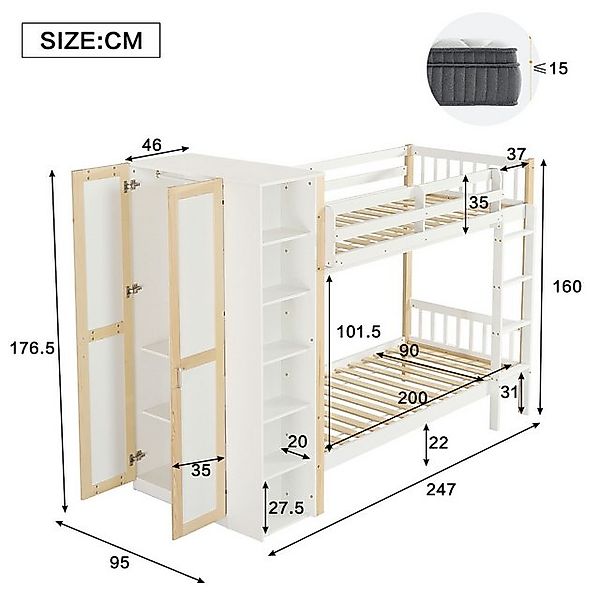 Odikalo Etagenbett Kinderbett Mit Fallschutz&Gitter&Kleiderschrank, 90x200c günstig online kaufen