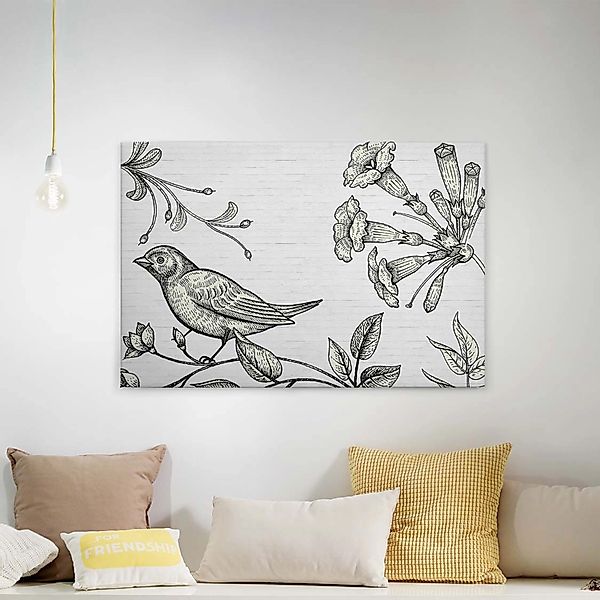 Bricoflor Leinwand Bild Mit Gezeichnetem Vogel Schwarz Weiß Botanik Industr günstig online kaufen