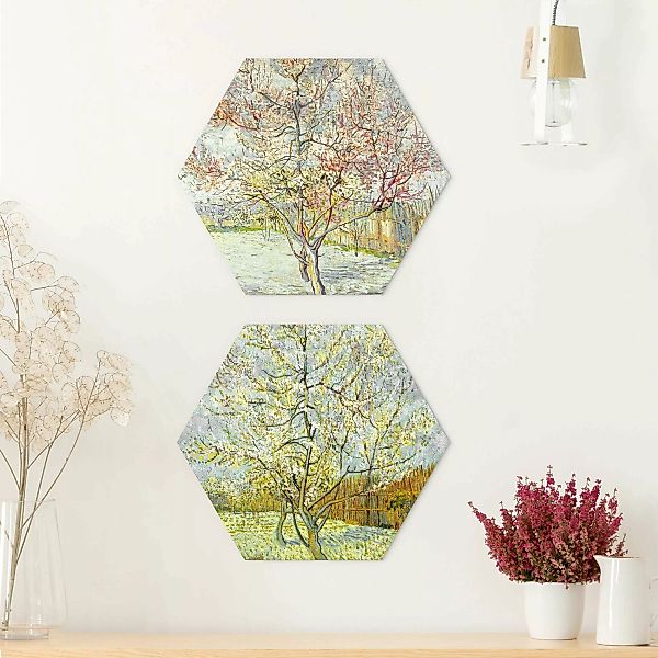 2-teiliges Hexagon-Alu-Dibond Bild Vincent van Gogh - Blühende Pfirsichbäum günstig online kaufen