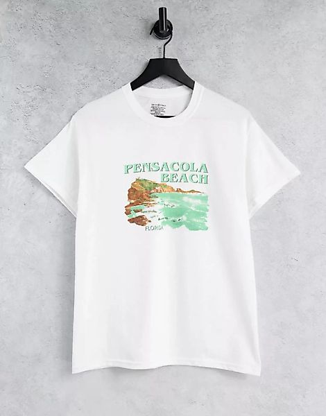 Daisy Street – Lockeres T-Shirt mit Pensacola-Beach-Print-Weiß günstig online kaufen
