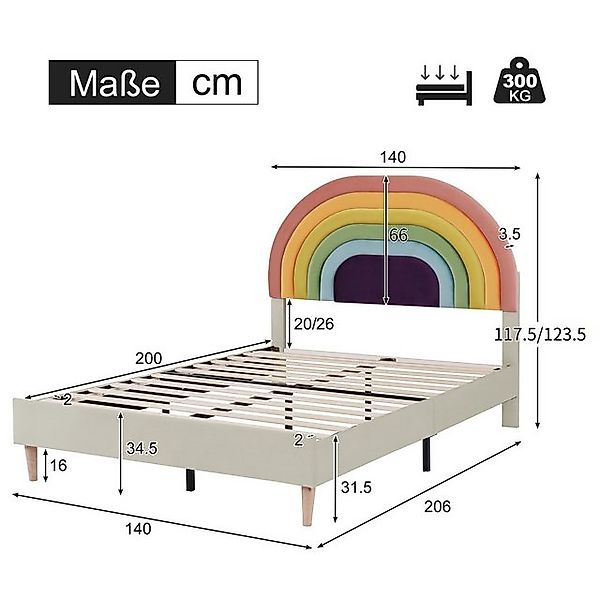 Flieks Polsterbett, Kinderbett mit verstellbarem Regenbogen-Kopfteil 140x20 günstig online kaufen