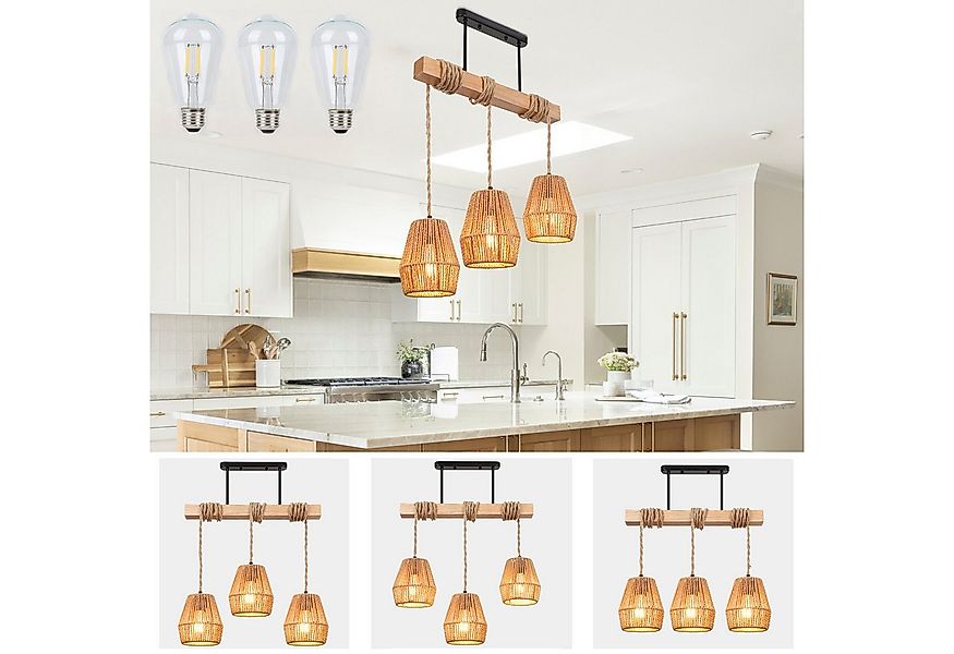 MUPOO Hängeleuchten 3 Köpfe Kronleuchter mit Rattanschirm, Boho Deckenlampe günstig online kaufen