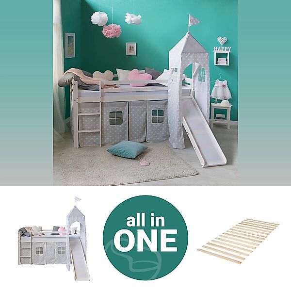 Homestyle4u Hochbett 90x200 Weiß mit Lattenrost und Rutsche Turm 2768 günstig online kaufen