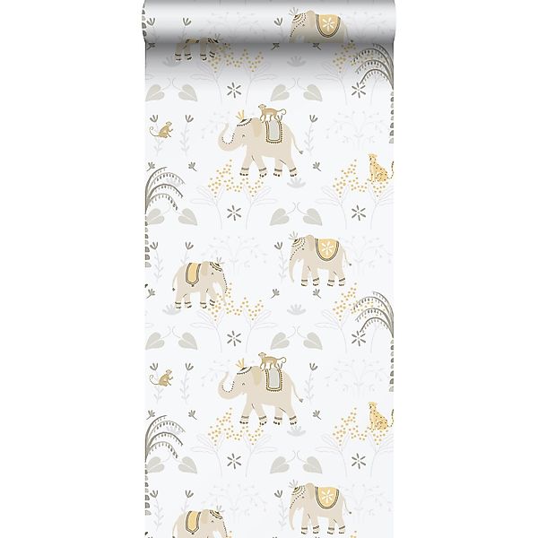 Sanders & Sanders Tapete Elefanten Grau Gelb und Weiß 53 cm x 10.05 m Sande günstig online kaufen