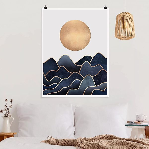 Poster Kunstdruck - Hochformat Goldene Sonne blaue Wellen günstig online kaufen
