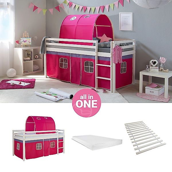 Homestyle4u Hochbett 90x200 mit Vorhang Lattenrost Matratze Tunnel in Weiß günstig online kaufen