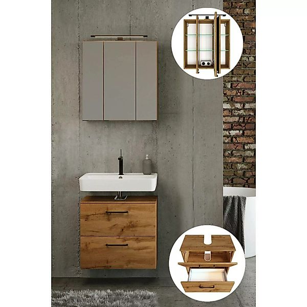 Waschbeckenunterschrank mit Spiegelschrank 60 cm breit in Wotan Eiche, B/H/ günstig online kaufen