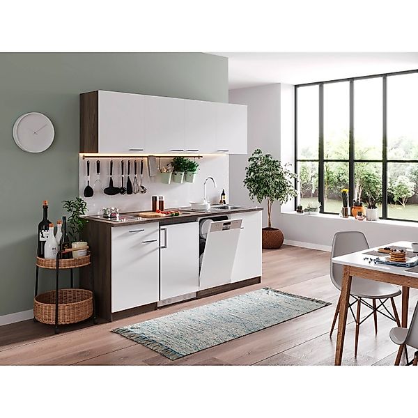 Respekta Küchenzeile KB195EYWC 195 cm Weiß-Eiche Nachbildung Glaskeramikkoc günstig online kaufen