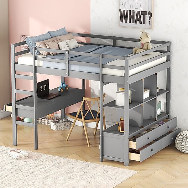 Flieks Hochbett Kiefer Kinderbett mit Schreibtisch günstig online kaufen