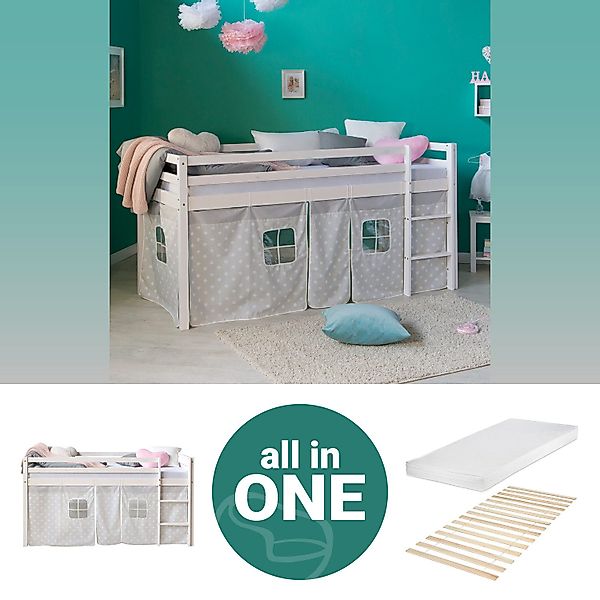 Homestyle4u Hochbett 90x200 Weiß mit Vorhang günstig online kaufen