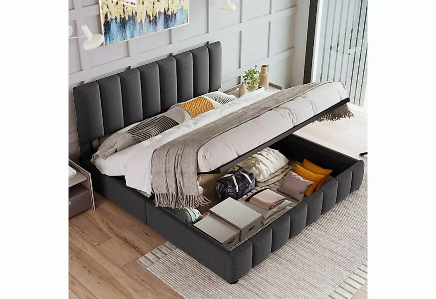Ulife Polsterbett graues und hydraulisches Doppelbett mit großem Stauraum, günstig online kaufen