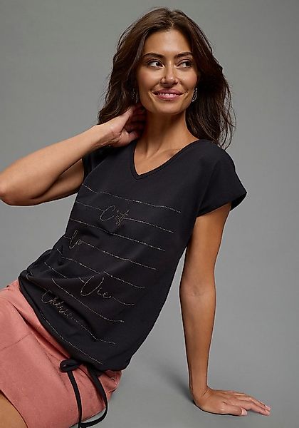 Laura Scott V-Shirt mit Glitzersteinen und Tunnelzug günstig online kaufen