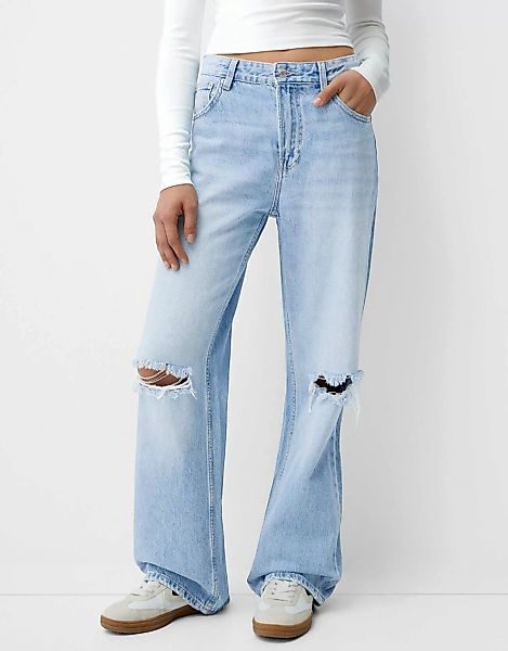 Bershka Wide Leg 90'S Jeans Mit Rissen Damen 44 Ausgewaschenes Blau günstig online kaufen