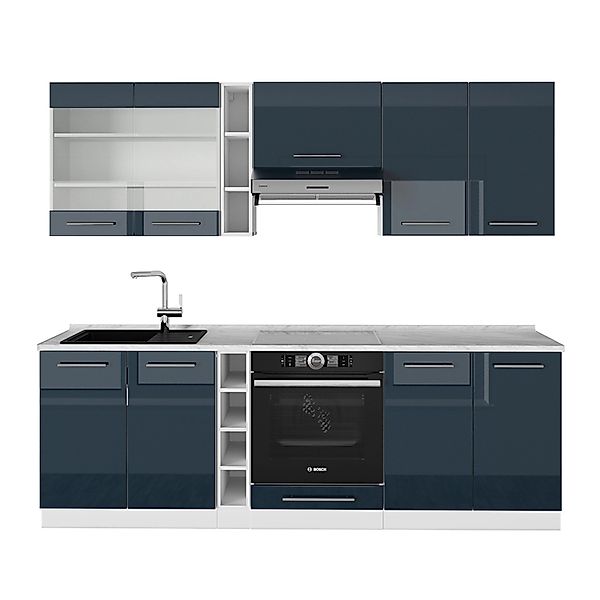 Vicco Fame-Line Küchenzeile Dunkelblau Hochglanz/Weiß 235 cm AP Marmor ohne günstig online kaufen