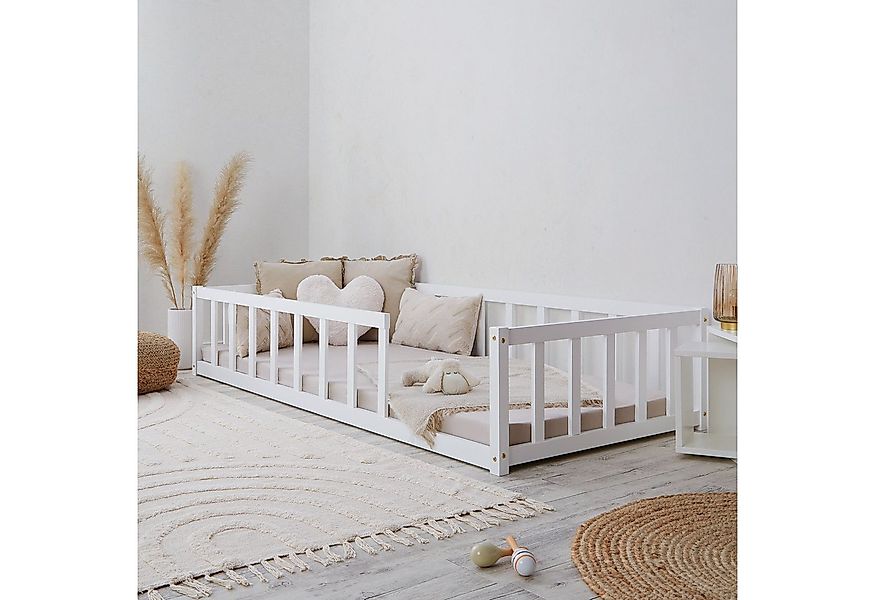 Homestyle4u Kinderbett 90x200 / 120x200 Weiß Natur Holzbett Bodenbett Monte günstig online kaufen