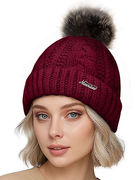 Neverless Bommelmütze Damen Strick-Mütze gefüttert Fell-Bommel günstig online kaufen