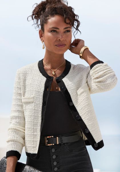 LASCANA Strickjacke mit dezentem Lurexgarn, Kontrastbündchen, casual-chic, günstig online kaufen