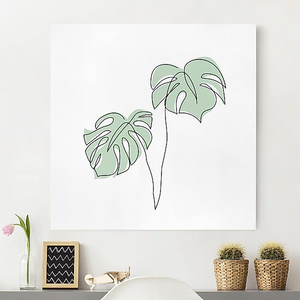 Leinwandbild - Quadrat Blätter Monstera Line Art günstig online kaufen