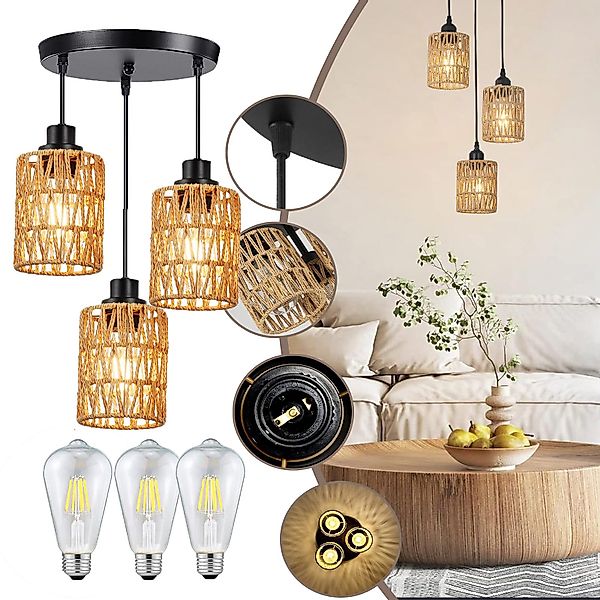 Jibenhome Pendelleuchte Boho Rattan Hängeleuchte 1/3-flammige, günstig online kaufen