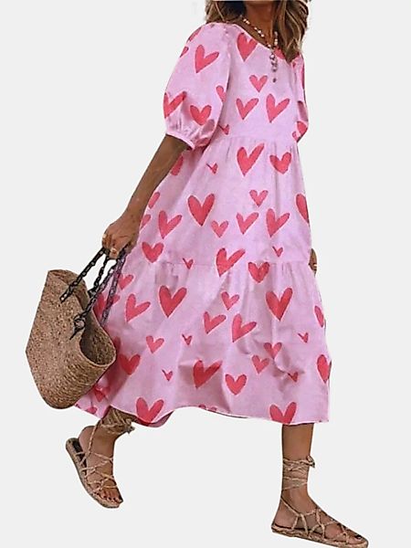 Heart Print Puff Kurzarm Loose Midi Kleid günstig online kaufen