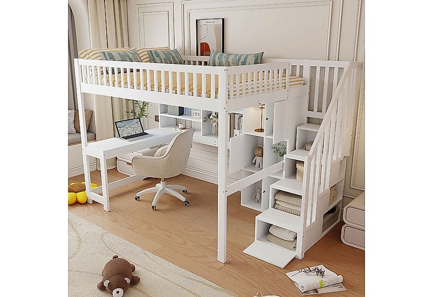 MODFU Kinderbett mit Stauraumleiter & Schreibtisch (Hochbett Holzbett mit L günstig online kaufen