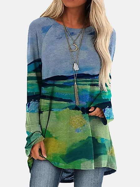 Lässige Landschaftsdrucke Lange Bluse mit O-Ausschnitt für Damen günstig online kaufen