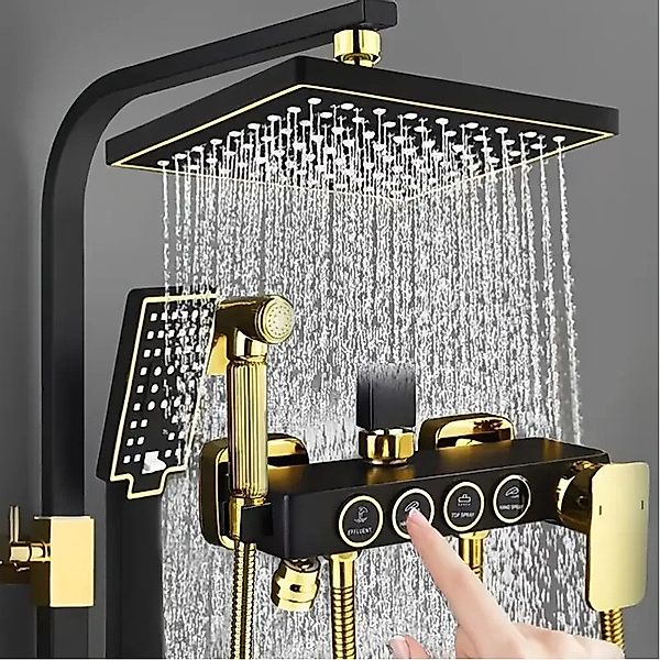 ZREE Duschsystem Brausegarnitur Schwarz Gold Thermostat-Mischbatterie günstig online kaufen