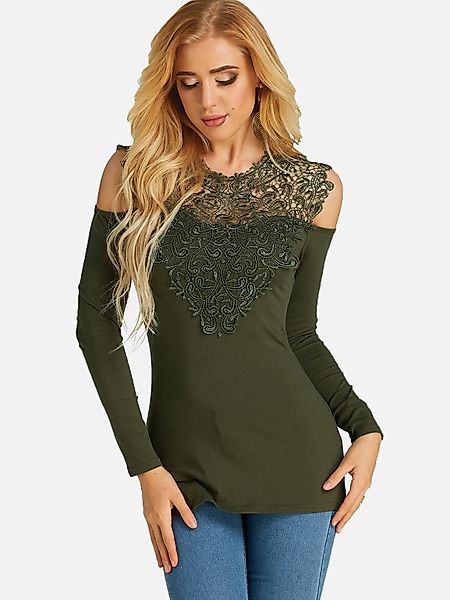 Army Green Lace Insert Kaltschulter-Langarm-T-Shirt mit langen Ärmeln günstig online kaufen