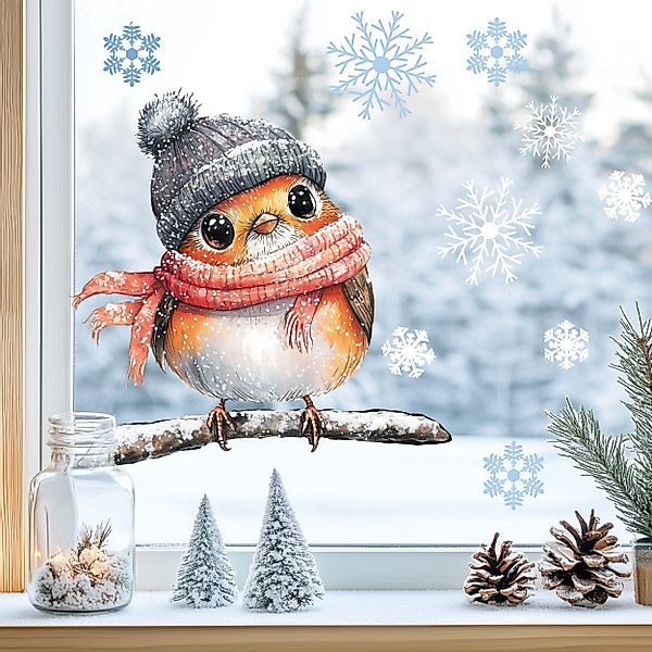 Sunnywall Fensterdekoration Kinderzimmer Fensterbild Winter Rotkehlchen günstig online kaufen