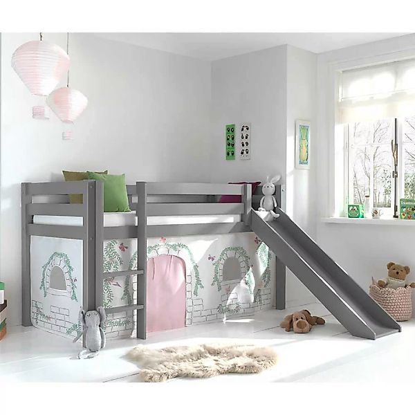 Kinderzimmer Bett in Grau und Rosa Leiter und Rutsche günstig online kaufen