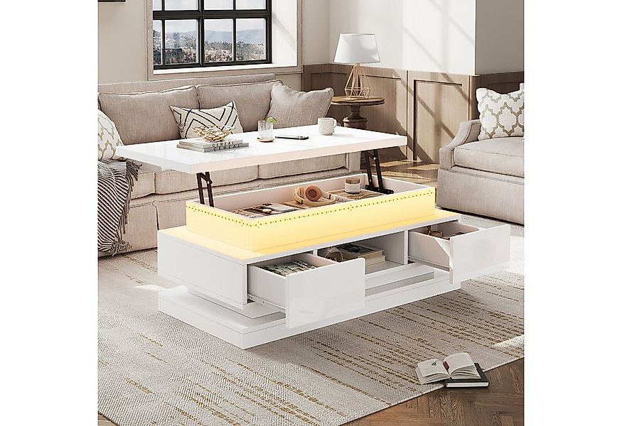 Merax Couchtisch hochglanz Sofatisch höhenverstellbar Beistelltisch mit LED günstig online kaufen