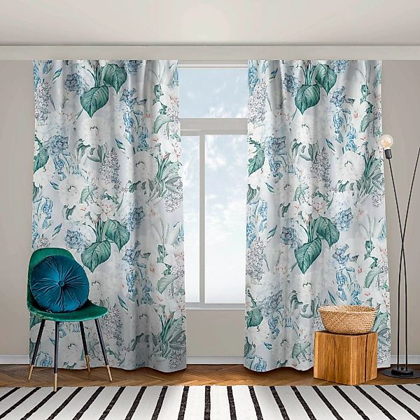 Vorhang Lilien und Hortensien auf Blau günstig online kaufen