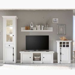 Design Wohnwand im Landhaus Look Pinie Weiß (vierteilig) günstig online kaufen