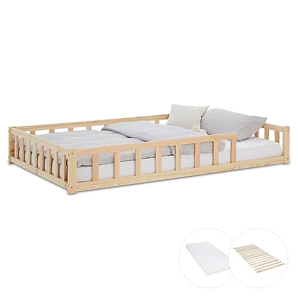 Homestyle4u Kinderbett Natur mit Rausfallschutz 120x200 cm Bodenbett Latten günstig online kaufen