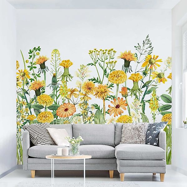 Bilderdepot24 Fototapete Blumen Aquarell Blumenwiese Gelb günstig online kaufen