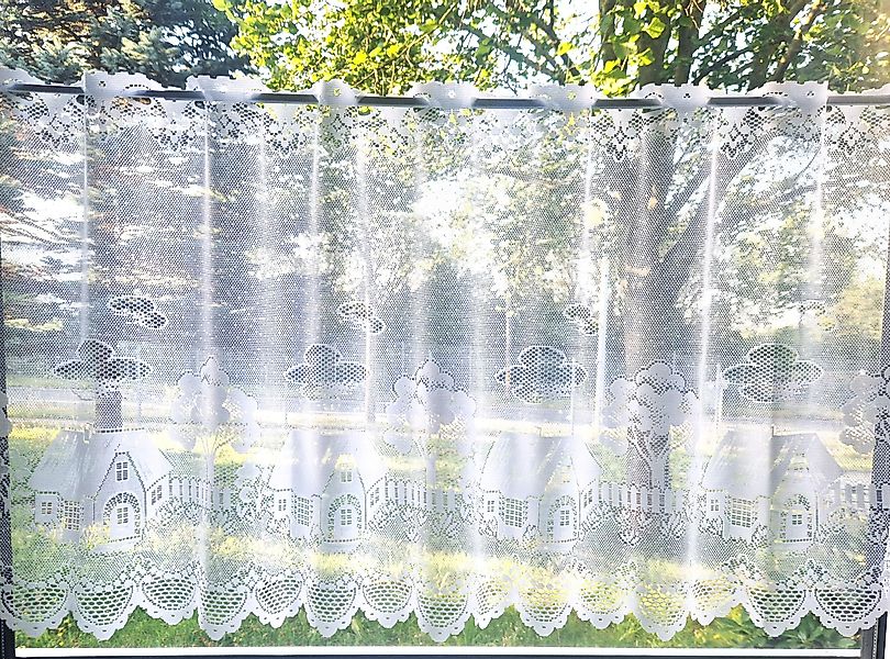 Stickereien Plauen Scheibengardine Häuschen, Stangendurchzug (1 günstig online kaufen