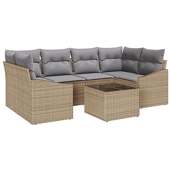 vidaXL Loungesofa 7-teiliges Garten-Essgruppen-Set mit Kissen Beige Poly Ra günstig online kaufen