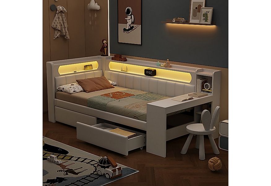Ulife Polsterbett Tagesbett Kinderbett mit LED-Beleuchtung und Schreibtisch günstig online kaufen