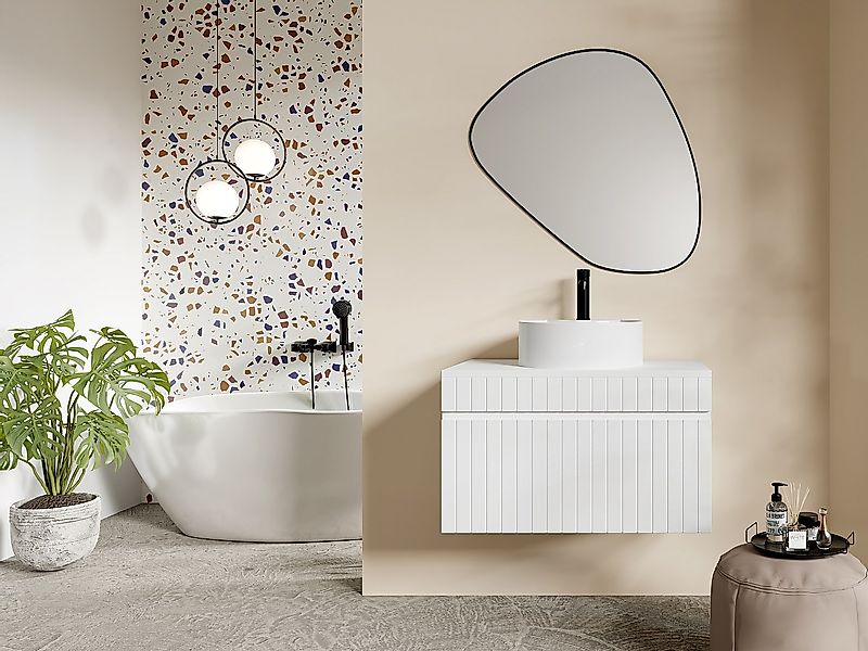 Waschbeckenunterschrank hängend mit Aufsatzplatte - Weiß gerippt - 80 cm - günstig online kaufen